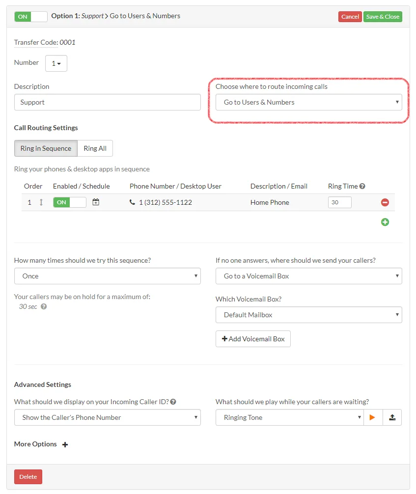 Talkroute call routing settings allowing businesses to control where calls go during business hours and after hours.